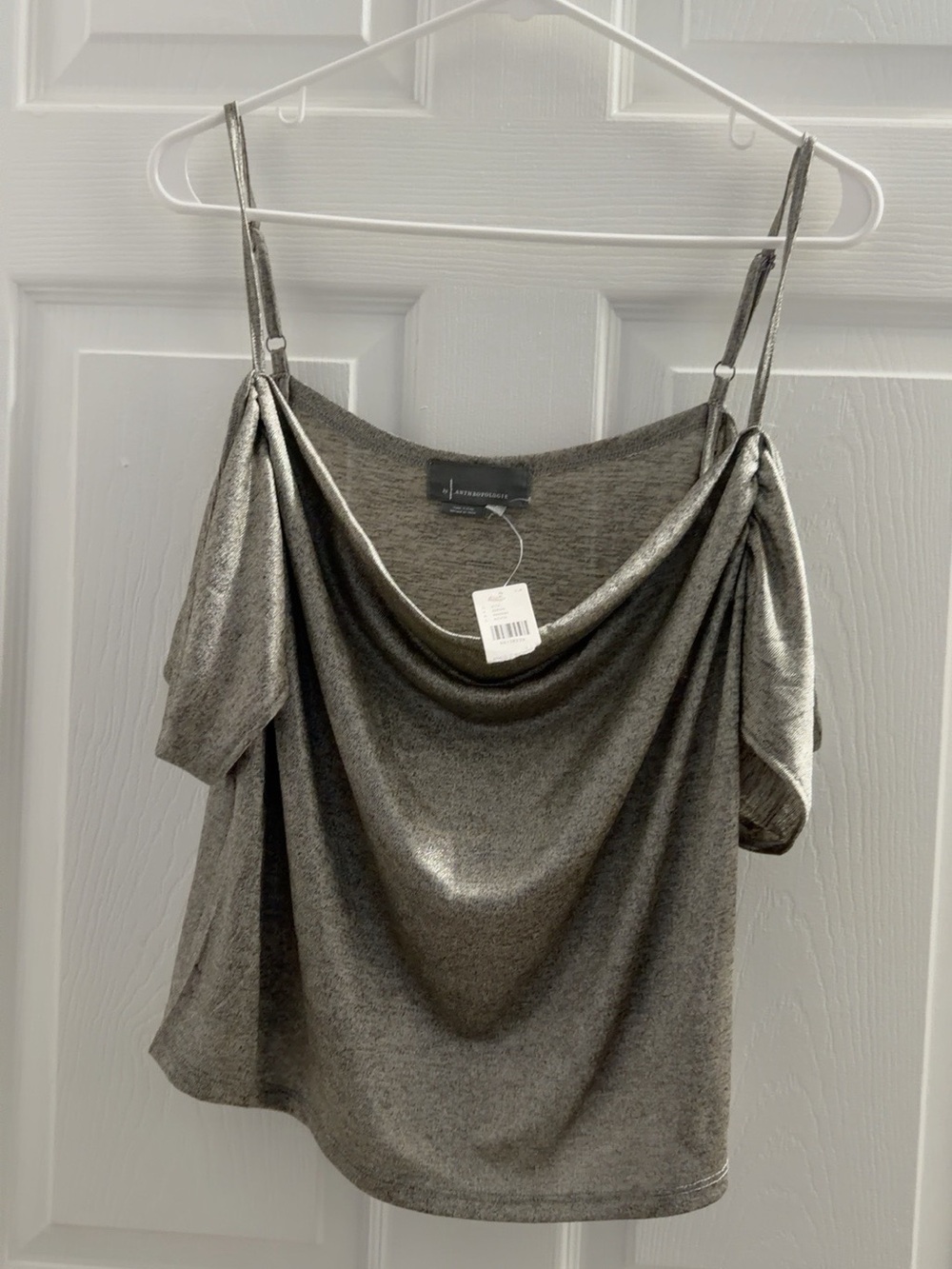 Anthropologie Silver Cold-Shoulder Draped Spaghetti-Strap Top